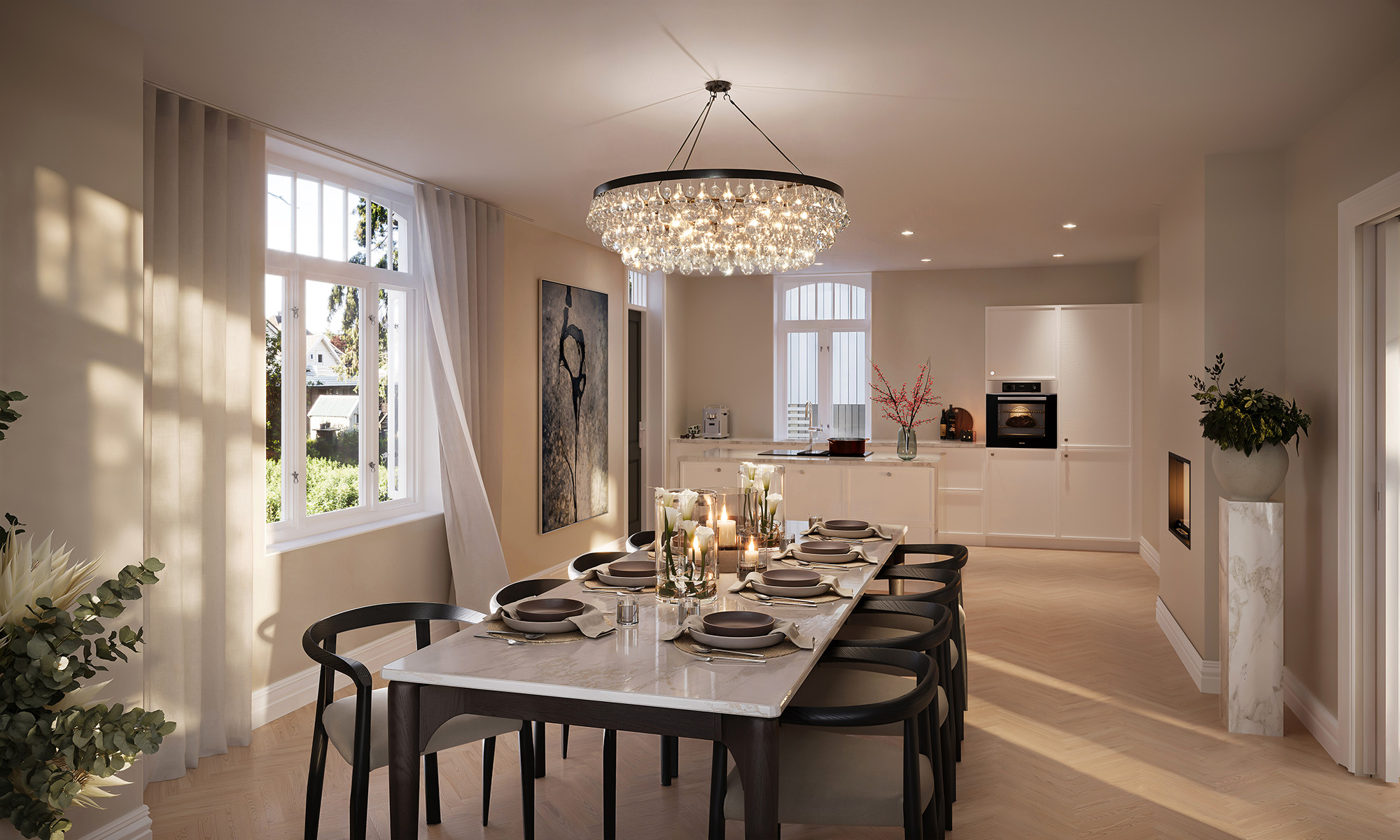 Kjøkkenet i villaen kombinerer tidløs eleganse med moderne løsninger. 3D-illustrasjon, avvik kan forekomme.