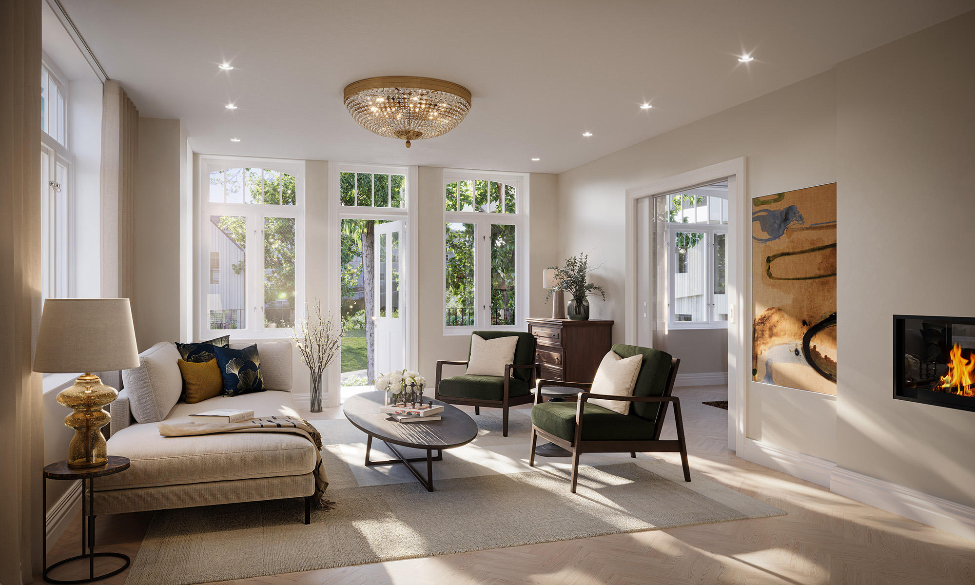 Villaen har en lys og åpen stue. 3D-illustrasjon, avvik kan forekomme.